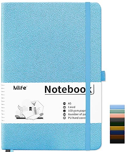Mlife A5 Linjerad Anteckningsbok, Anteckningsbok med 200 Sidor, Tjockt 100 G/M² Bläckbeständigt Papper, Anteckningsbok med Pu-Hårt Omslag,Innerficka,Elastiskt Band, Bullet Journal & Dagbok (ljusblå)