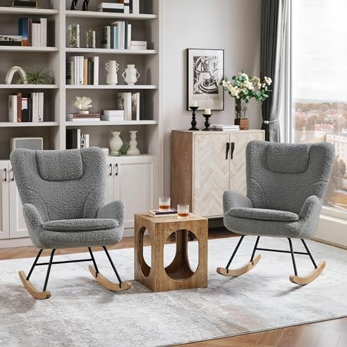 Yaheetech Schaukelstuhl 2er Set mit Klappbarer Rückenlehne, Gepolsterter Schwingsessel bis 136 kg belastbar, Schaukelsessel fürs Wohnzimmer/Schlafzimmer/Balkon, Relaxstuhl Dunkelgrau