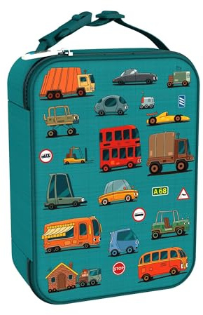 ion8 Bolsa Termica Porta Alimentos, Cremallera Fácil Acceso en 3 Lados, Bolsillo Externo para Botellas, Acolchado y Forrado Lavable, Parche de Nombre, Poliéster, Impreso, Automóviles