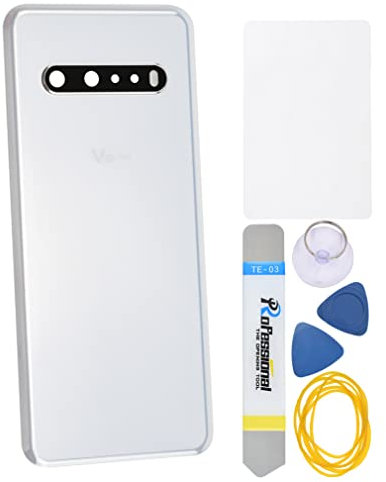 Double Sure White Glass Back Cover Replacement for LG V60 ThinQ 5G V60 ThinQ 5G UW LM-V600 with Rare Camera's Frame and Glass Cover Pre-Cut Adhesive and Tool Kit