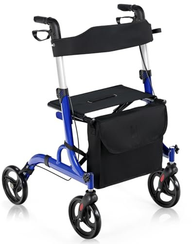 COSTWAY Deambulatore con Seduta 2 in 1, Rollator Pieghevole, Deambulatore per Anziani con 4 Ruote, Maniglie Regolabili Freni, con Doppia Funzione Schienale Reversibile e Borsa Portaoggetti (Blu)