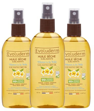 EVOLUDERM - Huile Sèche Sublimante au Monoï - 125 ml - 95% d'Origine Naturelle - Végan - Fabrication Française - Soin Visage, Corps et Cheveux - Hydrate - Sublime - Non Gras - Lot de 3 x 125 ml