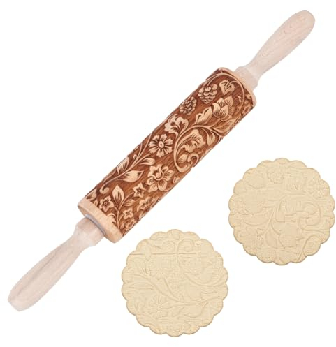 DELORIGIN Mattarello in legno con motivo di mattarello in legno con fiori in rilievo, per la cottura, motivo 3D, per utensili da cucina, accessori per la cottura di Natale, biscotti fatti in casa
