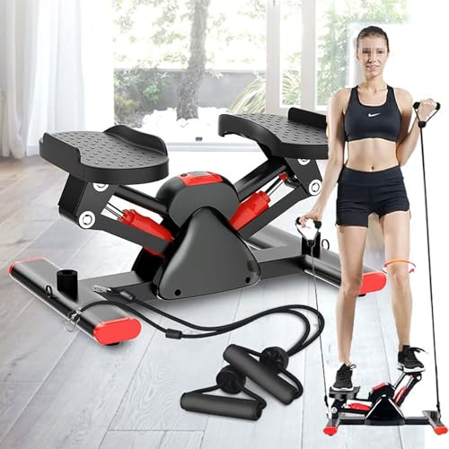 2-i-1 Twister-stepper med Power Ropes, ministepper för hemmet, hydraulisk, up-down-swing-stepper upp till 120 kg för kontor, roterande stepper med LCD-skärm, hemtränarmotstånd (röd)
