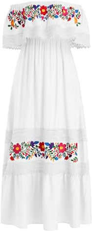 EFOGEP Vestido mexicano de verano para mujer, estilo bohemio, floral, drapeado, hombros descubiertos, vestido tradicional de fiesta, bohemio, largo, informal, boda, playa, fiesta, vestido con
