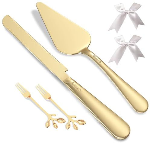 Wedding Cake Cutting Set, Elegant Gold Cake Cutter and Cake Server with Bonus Forks & White Bows, Extra Thick Stainless Steel Cake Knife and Server Set for Anniversary, Birthday, Baby Shower
