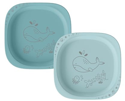 nip Green Öko Lot de 2 assiettes pour bébé et enfant, passent au micro-ondes et au lave-vaisselle, extra plates et parfaites pour les débutants, sans BPA, sans mélamine, durables, motif animal, bleu
