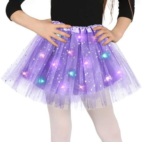 Ljuslila tyllkjol för flickor, stjärnor paljetter dansdräkt, 30 cm elastisk minikjol med LED-lampor, för flickor tutu-balettkjol för halloween, balettklänning för 3–8 år barn