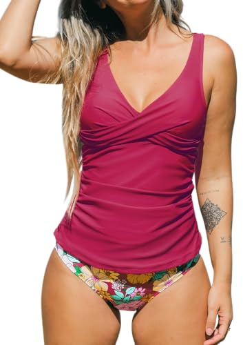 CUPSHE Tankini 2 pièces pour femme - Taille mi-haute avec fronces torsadées sur le devant