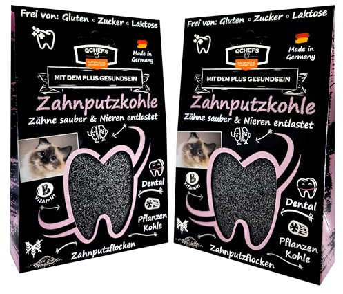 QCHEFS 2er Pack ZahnputzKOHLE Katze: Niere Probleme als Zahnpflege im Futtertopping zum Futter Lachsöl Katze Malz Katzenmilch