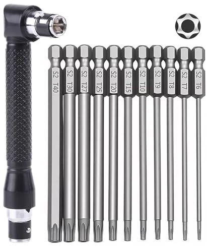 11PCS Screwdriver Bits Set - 100mm T6-T40 Security Torx Bit, S2 Steel 1/4 Inch Long Magnetic Torx Star Hex Screwdriver Drill Bits Tool with L Screwdriver Bit Holder for Electric Manual Screwdrivers