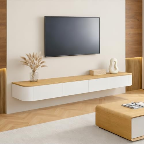 Ribanedy Mobile TV Sospeso Moderna | Consolle Multimediale da Parete | Grande Mobile TV con Spazio di Archiviazione per Soggiorno e Ufficio (Bianco + Legno, 140cm)