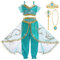 BSBUY Jasmin Kostüm 6Pcs Prinzessin Kleid Kostüm für Mädchen mit Oberteil Hose Halskette Brosche Krone und Zepter Aladin Cosplay Outfit Hellgrüne Pailletten Kostüm Halloween Verkleidung Karneval (120)