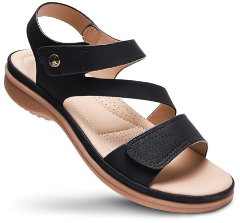 Littleplum Womens Sandals Arch Support – Comfortable Flat Sandals for Women, Summer Breathable Adjustable Orthotic Walking Shoes for Beach,Travel Black Size 8