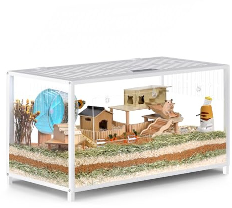 BORISI Hamsterkäfig – Metall Kausicher Atmungsaktiv Rattenkäfig mit Acrylplatten, Oben Offen&Doppeltür, 103L x 56W x 52H cm für Syrische Hamster, Rennmäuse, Meerschweinchen, 0,5m², Weiß