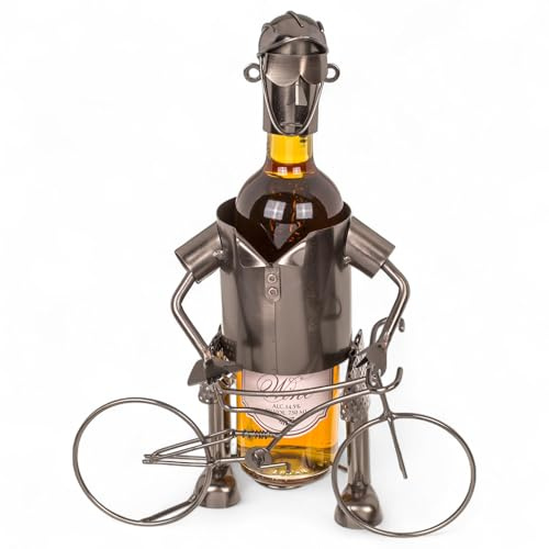 MIJOMA Weinflaschenhalter Fahrradfahrer aus Metall – Deko-Weinständer für 1 Flasche, Handarbeit, originell für Radfahrer, Flaschenhalter Eisen, 25x13x20,5 cm
