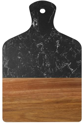 Marble Cutting Board, Charcuterie Board with Handle, Marble and Acacia Tray for steak, cheese, hamburgers and biscuits, Great for gifts (black)