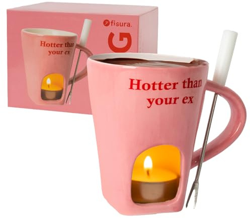 Fisura – Taza fondue chocolate original. Fondue de queso con taza y tenedor. Taza rosa con mensaje “hotter” para fondue. Taza original para regalo. 140 mililitros