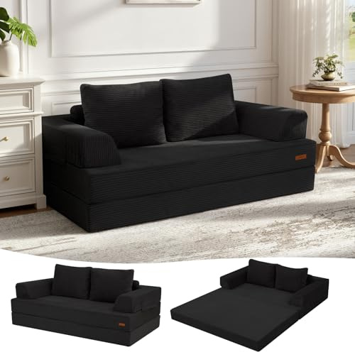 MeMoreCool Convertible Sofa Bed, Folding Floor Boneless Couch with Corduroy Cover, Fold Out Sleeper Mattress with Pillows, Comfy Foam Lounge Loveseat for Living Room Bedroom Guest Room, Black
