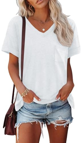 Cuptacc t-shirt damer sommar v-ringad basic top kortärmad lös elegant | Fritid, vardag, mode, lös, andas, klassisk, enkel, lätt och luftig, enfärgad, med ficka, elastisk