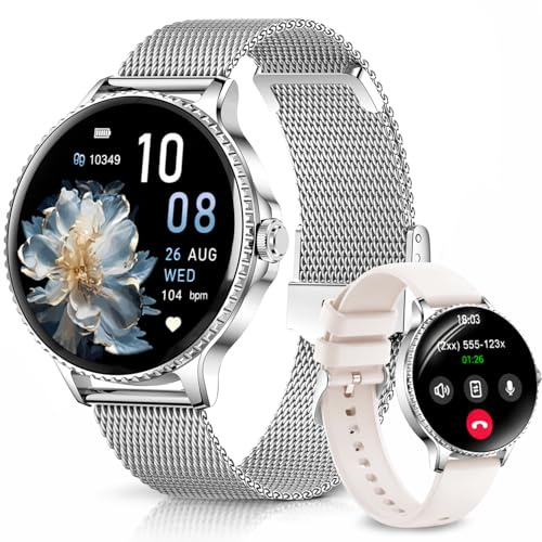 Fitonme Smartwatch Damen Rund, 1,27 HD Smart Watch mit Telefonfunktion, 120+ Sportmodi, IP68 Wasserdicht Fitnessuhr mit Herzfrequenz SpO2 Schlafmonitor, Fitness Tracker für Android iOS, Silber