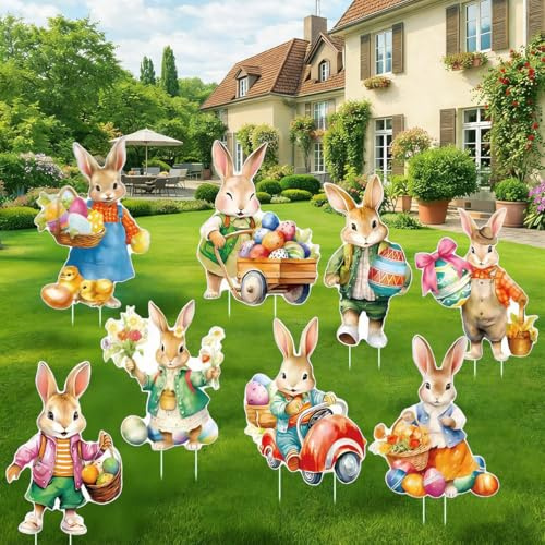 Decorazioni Pasqua Giardino Esterno con Coniglietti Pasquali – Set 8 Cartelli Prato per Caccia alle Uova, Addobbi Pasquali Colorati per Vialetto, Patio e Balcone