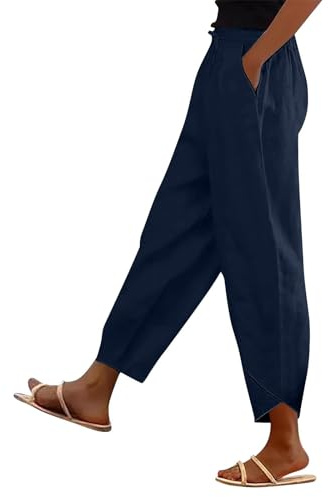 Womens Cropped Trousers,Wide Leg Cotton Linen Trousers for Womens UK 2026 Summer Fashion Lounge Pants Solid Elasticated Boho Trouser Ladies Cropped Holiday Tracksuit Bottom Joggers Dark Blue