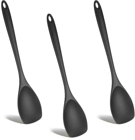 IANFAN 3 Stück Kochlöffel Silikon, Schwarz Rührlöffel Silikonlöffel 27.5 cm Langen Griff Antihaft Silikonlöffel Kochlöffel Küchenlöffel Servierlöffel Kochbesteck Set für Küche Kochen Backen Rühren