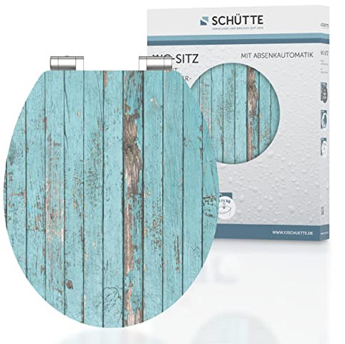 SCHÜTTE WC-Sitz Holzkern HG BLUE WOOD, Hochglanz Toilettensitz mit Absenkautomatik, passend für alle handelsüblichen WC-Becken, maximale Belastung der Klobrille 175 kg, Motiv BLUE WOOD 80536