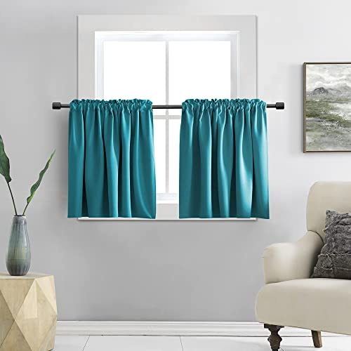 DONREN Teal Small Window Curtain Panels Room Darkening Curtain Valances Tiers for Bathroom with Rod Pocket (30 x 24 Inch,1 Pair)
