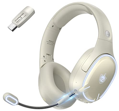 PHOINIKAS Gaming Headset Wireless, Bluetooth Headset mit Dual-Chips, Bluetooth 5.3 für Handy/Laptop, 2.4Ghz Dongle für PC/PS4/PS5/TV/Switch, Noise Cancelling Mikrofon, 30 Stunden Akku, LED Licht