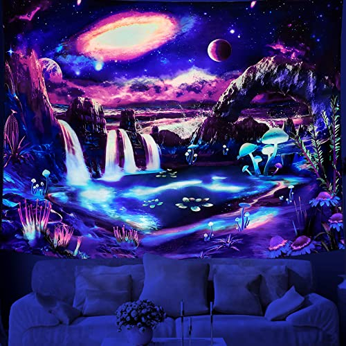 Dremisland Schwarzlicht Galaxie Planet Wandteppich Psychedelischer UV Reaktive Wasserfall Landschaft Wald Tapisserie Fantasie Berg Welle Aesthetic Wandtuch Pflanzen Wandbehang Wohnkultur