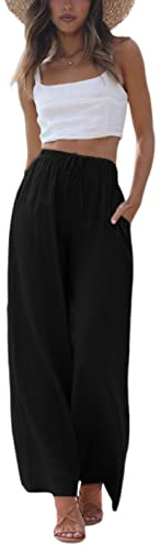 Faleave Women's Cotton Linen Summer Palazzo Pants Flowy Wide Leg Beach Trousers with Pockets(Black-M)