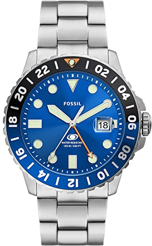 Fossil Blue uhr für Herren, GMT Uhrwerk mit Edelstahl- oder Lederarmband, Silberfarben, 46MM