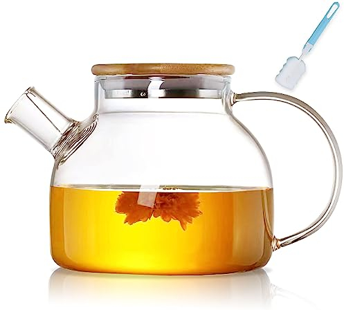 Tetera de cristal con tapa de madera, 1000 ml, borosilicato, colador extraíble, diseño moderno para té y zumo