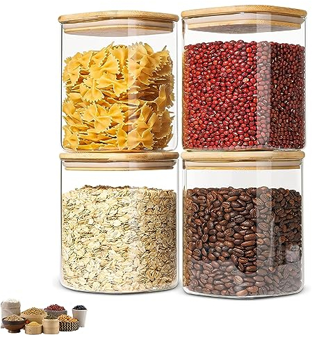 Keyoung 4 Stück Vorratsdosen Glas mit Bambusdeckel, 750ml Glasdosen Eckig, Versiegelte Frischhaltedosen Küche Vorratsgläser, für Lange Lebensmittelfrische, Mehl Zucker Spaghetti Kaffee Tee