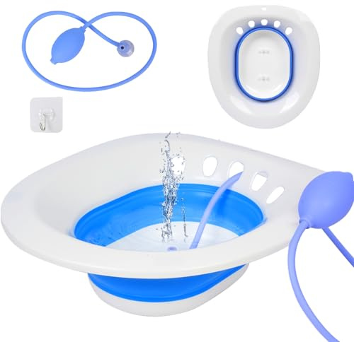 PRIDKEN Sitz Bath for Hemorrhoids, Sitz Bath for Toilet Seat, Sitz Bath for Postpartum Care,Collapsible Sits Bath Kit for Women,Easy to Store,Flusher Hose,Wide Seat,Deeper Bowl (Manual Blue)