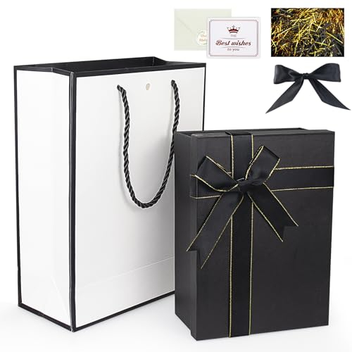 Geschenkboxen mit Deckel Set, Schwarz Geschenkschachtel mit Geschenktüte Grußkarte Geschreddertes Papier, Geschenkbox mit Schleife für Hochzeiten,Weihnachten,Geburtstage,Jubiläen