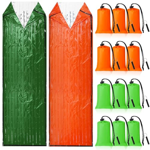 Qunclay 12 Set Emergency Sleeping Bag Survival Bivvy Sack Blanket with Whistles Lightweight Portable Thermal Survival Bag Thick Tent with Hood Extension Nylon Stuff Sack (Orange, Green,82.7 x 35.4 in)