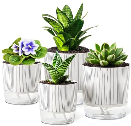 Selbstbewässerndes Topf-Set, 4 + 14 cm, selbstbewässernde Töpfe für Zimmerpflanzen, Pflanztopf mit Dochtseil und Reservoir für afrikanische Veilchen, Spinnenpflanze, Orchidee, 4 Stück