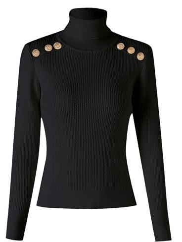 NLAND Punto Jersey de Cuello Alto para Mujer Cálido Suéter de Invierno Manga Larga Elegante Pullover Básico Tops para Primavera Otoño Invierno(Negro,L)