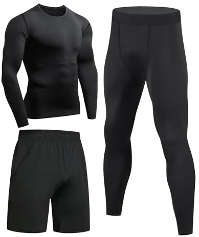 Niksa 3 Pezzi Fitness Palestra Completi Sportivi da Uomo Abbigliamento Sportivo,Compressivo Maglie e T-Shirt Pantaloni Collant a Compressione Vestiti, Nero, S
