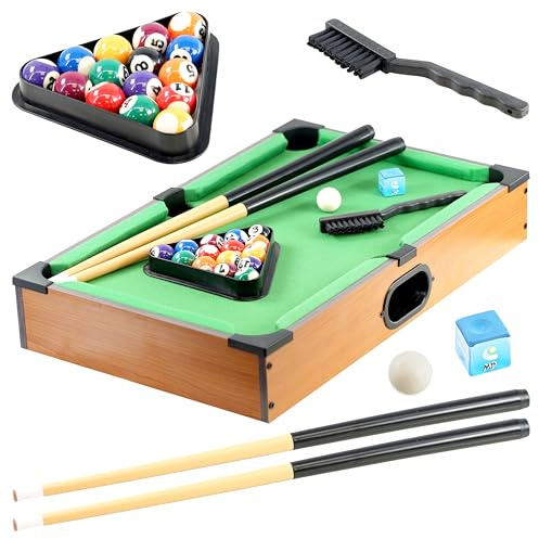 The Magic Toy Shop Mini Pool Table Set - Compact Tabletop Billiard Board with 2 Cues, 16 Balls, Triangle, Chalk - Indoor Arcade Games for Kids, Family Snooker Tournaments