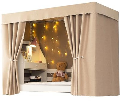 Betthimmel für Kinderschlafsäle, 2 m lang, Hochbettvorhänge mit Metallringverschluss, inklusive 3 Vorhängen und 1,2 m Regal, glattes Zieh-Design, Beige