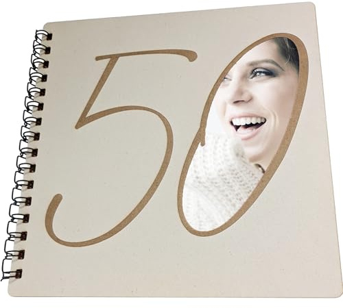 Libro de fotos de madera o libro de invitados con corte grande 50 en la parte delantera de cumpleaños aniversario