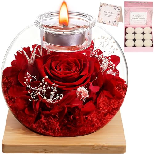 Weihnachtsgeschenke für Frauen, Ewige Rose im Glas mit 18 Duftkerzen-Konservierte Blumen Infinity Rose, Weihnachten Valentinstag Muttertag Geundin Ehefrau, Romantische Deko