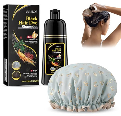 Shampoo Colorante per Capelli Grigi 3 in 1, Shampoo Colorante Nero con Cuffia da Doccia, Capelli Istantaneo, Hair Color Colorante Nero per Donna Uomo - 100 ml