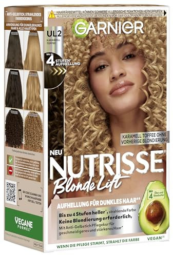 Garnier Nutrisse Blonde Lift Aufhellung für dunkles Haar in Karamell Toffee mit 4-Stufen-Aufhellung ohne vorherige Blondierung, 1 Stück