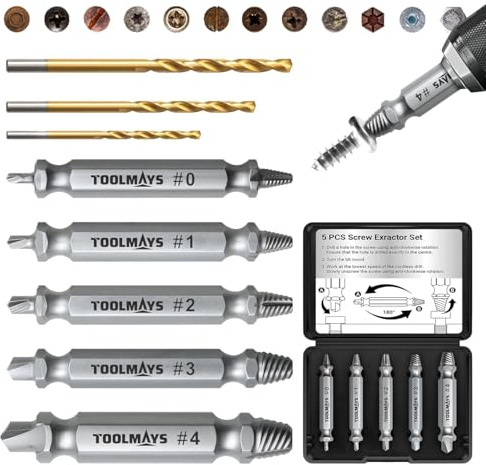 Toolmays 8pcs Damaged Screw Extractor Set, HSS Screw Removal Tool With 3 Twist Drill Bit, Screws Remover And Extractor Bit Set For Stripped, Rusted And Stubborn Screws