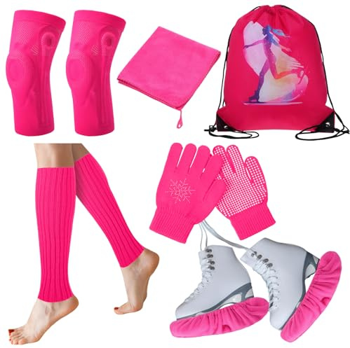 Soulchen 6 Packs Ice Skating Accessories Pink Figure Skating Set Gloves, Skate Guards, Knee Pads, Socks, Towel, Anti Slip Backpack for Training Practice Competition Girl Women(S)